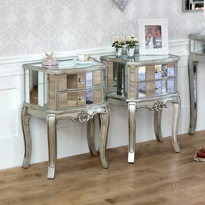 Pair Mirrored Venetian Bedside Cabinet Lamp Table Bedroom Furniture Silver Glass • £272.95