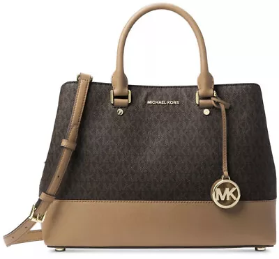 New Michael Kors Savannah Signature Large Satchel  Brown Acorn Gold Pvc Mono Bag • $180.49