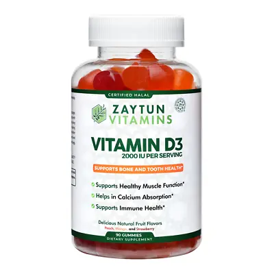 Zaytun Halal Vitamin D3 2000IU Supports Bone Teeth & Immune Health 90 Gummies • $16.99