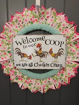 Wreath Door Decoration 14  Frame Chicken Metal Sign Ribbons Etc Handmade • £35