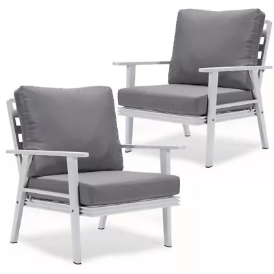 LeisureMod Walbrooke Outdoor Patio White Aluminum Armchairs Set Of 2 Gray • $980.30