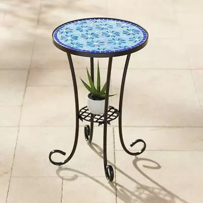 Modern Black Round Outdoor Accent Table 14  Wide Blue Star Mosaic Porch Patio • $59.95