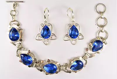 Blue Sapphire Sterling Silver Filigree Bracelet & Earrings Set • $28