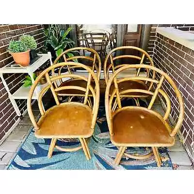 1970s Mid Century Albini/Jordan Bentwood Rattan Dining Swivel Chairs Set Of 4 • $1000