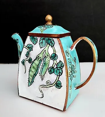 Vintage Enameled Copper Miniature Teapot Sugar Snap Peas & Vines Blues & Greens • $14.99
