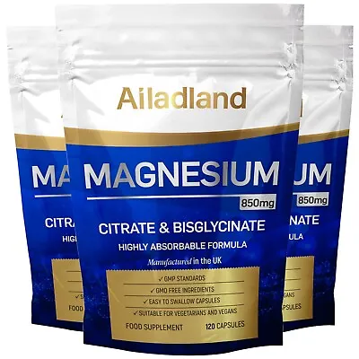 Magnesium Citrate And Bisglycinate (Glycinate) 850mg Capsules High Strength For- • £17.95