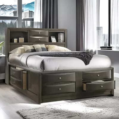 NEW SLEEK Gray 8-Drawer Storage Queen King Platform Bed Modern Furniture Set • $1129.99