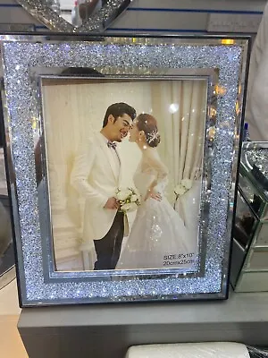 LED Crushed Diamond Mirrored Crystal 8x10 Photo Picture Photograph Frame Silver • £15.99
