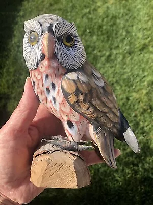 Vintage Hand Painted Carved Wood Owl Perched On Wood Beautifully Detailed! • $15