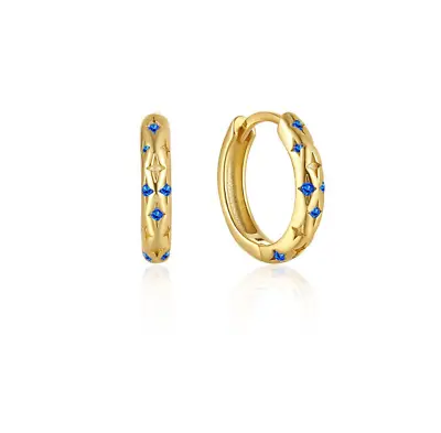 Women Girl 14K Gold Plated Blue CZ Star Round Hoop Huggie Earrings 14mm I102 • $5.95