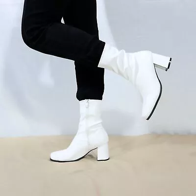 Women Mid Calf GoGo Boots Fancy Dress Party Zipper Ankle Boots Low Block Heel • £25.99