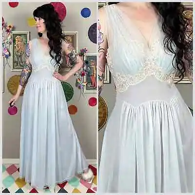 Vintage 1950s Vanity Fair Powder Blue Mesh And Lace Nightgown - Size 36 • $150