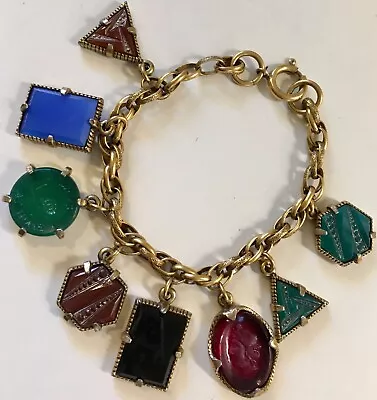 Vintage Glass Cameo Intaglio Fob Charm Bracelet Unsigned Designer Estate Piece • $75