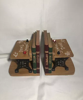 Vtg 1975 School Desk Bookends  School Daze  Cast Iron Wood ENESCO Apple Inkwell • $15