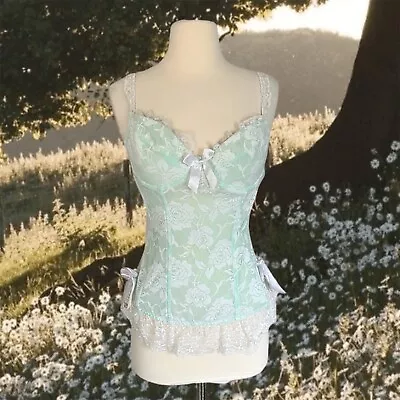 Vintage Y2K 90s Corset Bustier Large Green White Lace Bow Sexy Ruffle Lingerie • $28