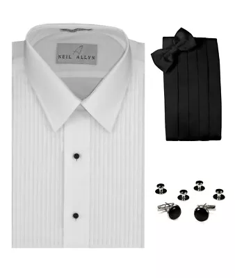 SLIM FIT. Men's Lay-Down Collar Tuxedo Shirt With Black Cummerbund/Bow-tie Set • $44.95