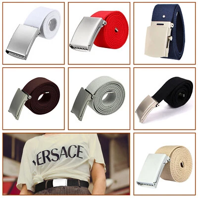 Mens Womens Unisex Cotton Canvas Fabric Webbing Belt Silver Buckle Army Military • £5.09