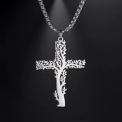 Tree Of Life Cross Necklace For Men Stainless Steel Christian Jewelry Gift • $7.59