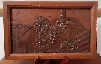 Vintage Hand Carved Wood Bas Relief Plaque/Picture Framed Unsigned • $30