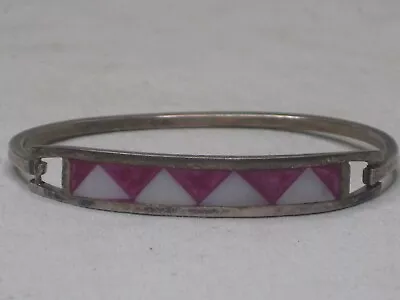 Vintage ALPACA MEXICO Bracelet Inlaid Purple White Detail Hinged Cuff Jewelry • $12.75