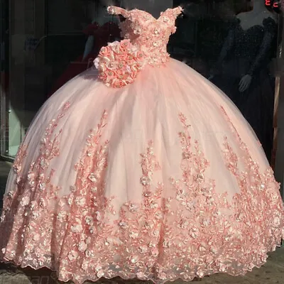 $145.59 • Buy Pink Quinceanera Dresses 3D Flowers Sweet 15 16 Prom Pageant Party Ball Gown