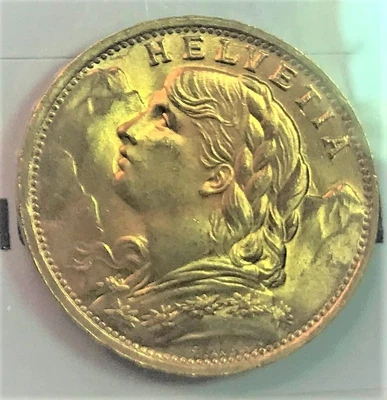 $450 • Buy 1935 -L B Swiss Helvetia 20 Franc Gold Coin Uncirculated