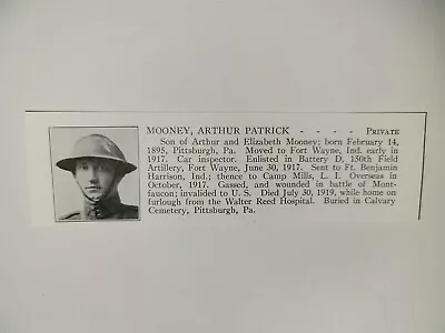 Arthur Mooney Pittsburgh Pennsylvania 150th Field Artillery 1921 WW1 Hero Panel • $24.99