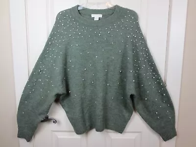 H & M Oversized Sweater Women's Size M Knit Beaded Green 3% Wool • $8.99