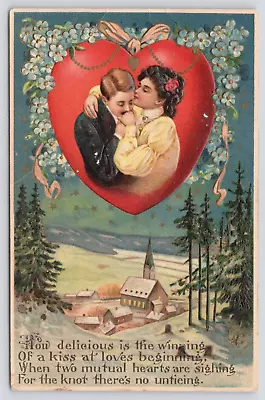 Postcard Valentine Couple In Heart And Cozy Town Scene At Night Posted 1912 • $5.03