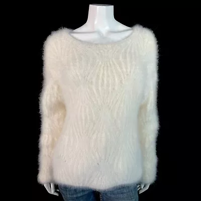 80% Angora Fuzzy Vintage LIMITED HAND-KNIT Off-White Pullover Sweater 38 In Bust • $139.99