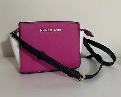 Michael Kors Mini Selma Colorblock Messenger In Raspberry/Optic White • $99.99