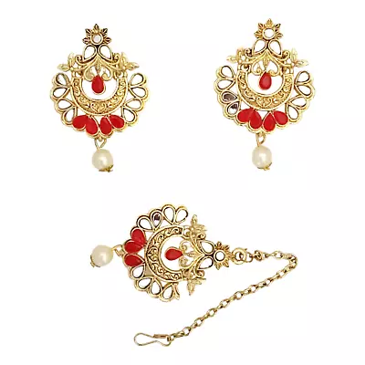 Red Kundan Bridal Maang Tikka Earrings Set Pearl Mirror Gold Tone Indian Jewelry • $23.64