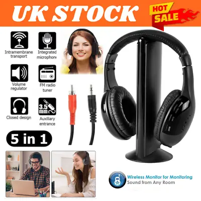 5 In 1 Cordless Headphones Wireless Earphone FM Radio TV Headset Wired Headphone • £14.72