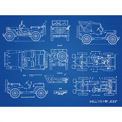 £17.48 • Buy Willys MB US Military Jeep Vehicle Blueprint Plan Wall Art Canvas Print 18X24 In