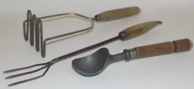 3x Wood Handle 1940's Vintage Utensils - Wire Fork Potato Masher Ice Cream Scoop • $27.80