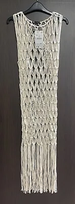 Zara Ivory Ecru Macrame Midi Knotted Dress With Fringed Hem Size M Bnwt • £34.99