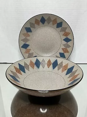 Set Of 2 Ucagco Stoneware Revelry Retro Diamond Decorative 9  Serving Bowls • $29.99