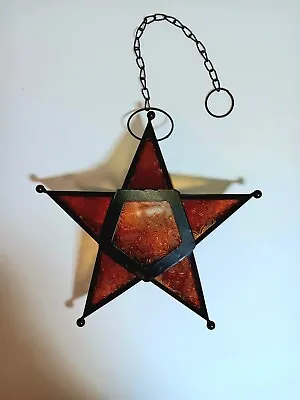 Moroccan Star Lantern~ Amber Etched Glass~ Hanging Tea Light Candle Holder  • $30