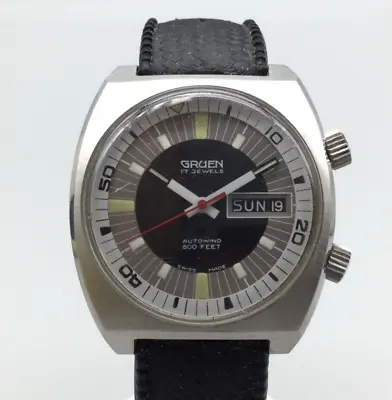 Vtg Gruen Autowind Diver Super Compressor Watch Men 600 Feet Day-Date Automatic • $1381.24