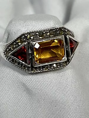 Sterling Silver Citrine Garnet & Marcasite Ring Size 6-¾ • $25