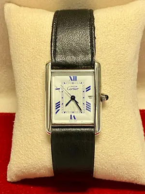 Must De CARTIER Tank SS Unique White Dial W/ Blue Numbers Watch- $8K APR W/ COA! • $2495