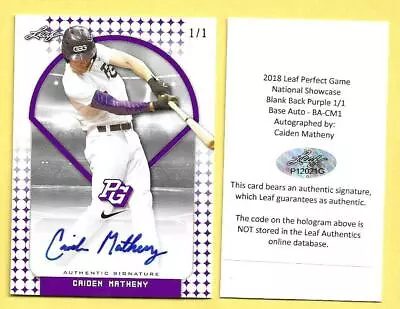 Caiden Matheny 1/1 Auto 2018 Leaf Perfect Game Blank Back Purple Autograph Sbcc • $12.99
