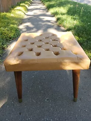 Vintage Mid Century Tan Square Tufted Pleated Footstool Ottoman • $50