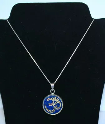 GORGEOUS VTG Blue OM Hindu Buddha Pendant W 925 Sterling Silver Box Chain • $20.94