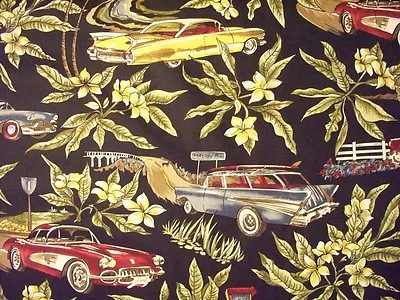 RETRO CARS VINTAGE CAR VET 1950s TROPICAL RARE BLK VEHICLES COTTON FABRIC FQ • $4.29