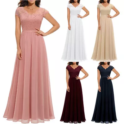 Women Maxi V-Neck Formal Dress Bridesmaid Lace Chiffon Long Wedding Party Gown~ • £27.06