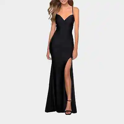 La Femme Women's Black Ruched Bow Bodice High Slit Gown Dress Size 0 • $107.80