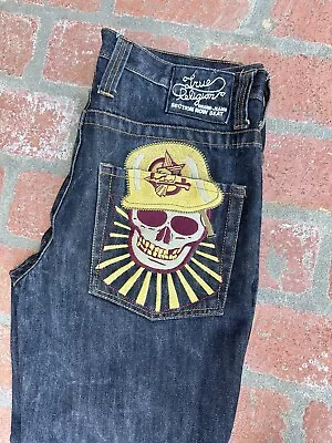 True Religion Rare  Sz 38 Bobby Dark Wash Denim Jeans With Skull 💀 Embroidered • $130