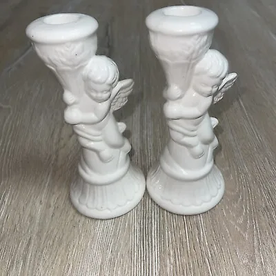 Vintage Set Of Two White Ceramic Cherub Angels Pillar Candlestick Holders 7in • $20