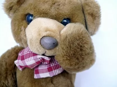 VINTAGE 16  Brown Bear Plush Magnet Paws Play Boo Stuffed Animal Plaid Bow Tie • $12.09